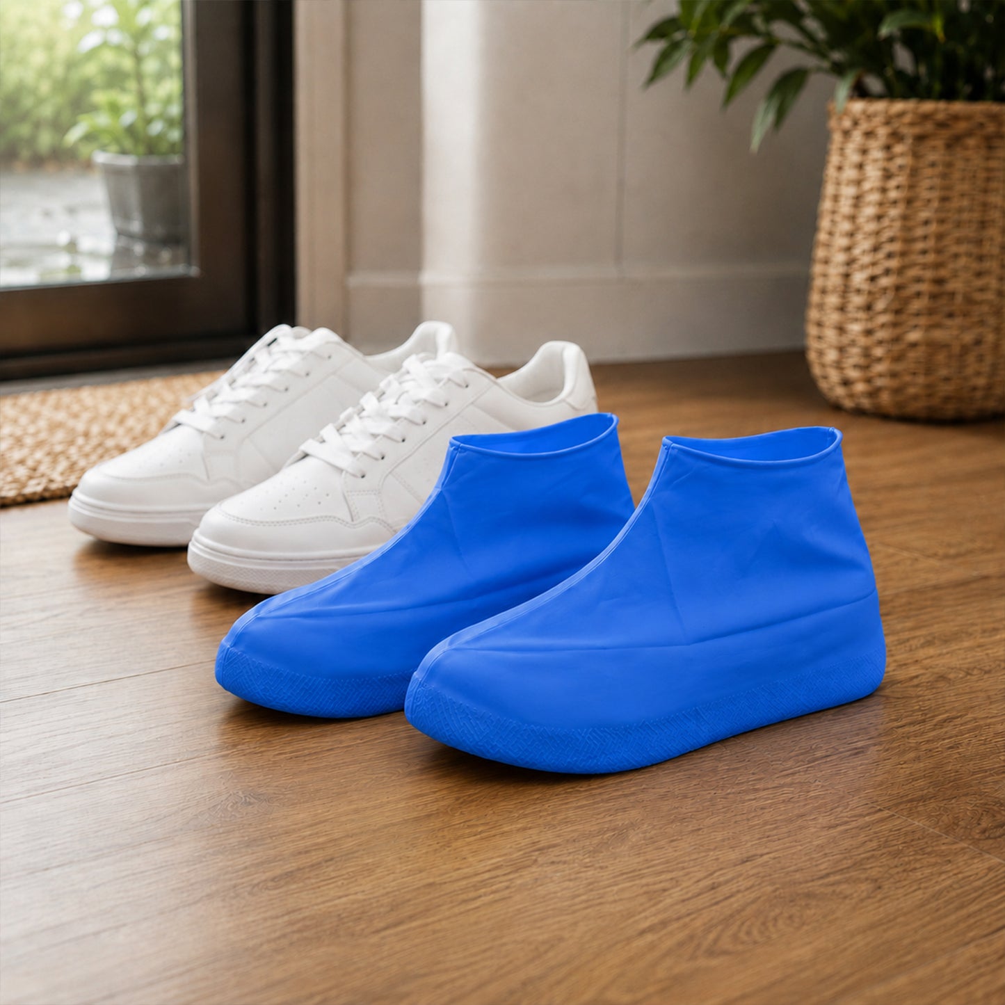 Two white sneakers and a pair of blue latex shoe covers are neatly arranged on a light wood floor indoors.