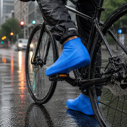 A person on a bicycle in the rain wears black pants and blue latex shoe covers, with city lights reflecting on the wet