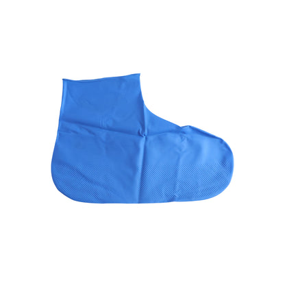 A single blue latex shoe cover, flat and folded, is displayed against a plain white background.