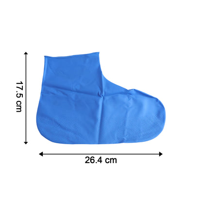 A blue latex shoe cover is shown flat with dimensions of 17.5 cm in height and 26.4 cm in length against a white background.