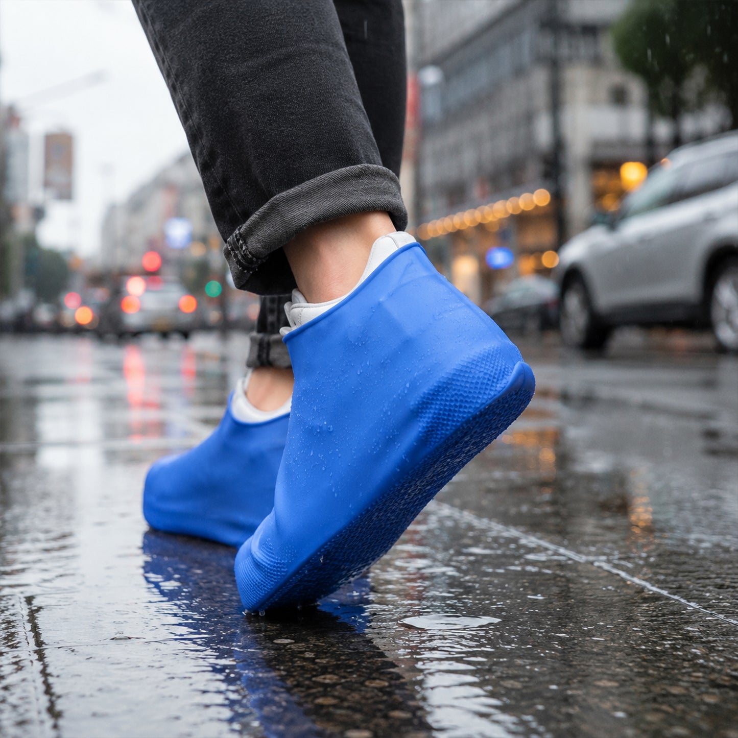 A person walks on a wet city street wearing black pants and blue latex shoe covers over white shoes, with cars in the