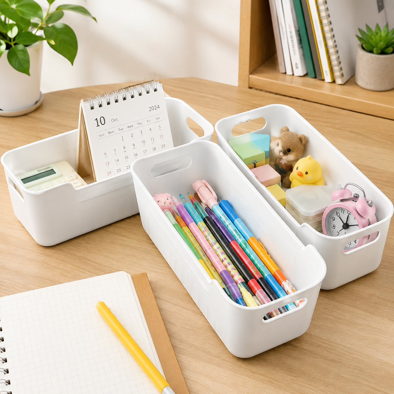 White Plastic Storage Basket Set – 4 Durable Stackable Organizers