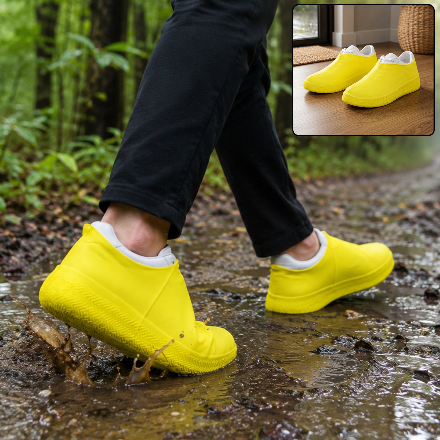 A person in black pants and yellow shoe covers walks through a muddy puddle in a forest, splashing water.