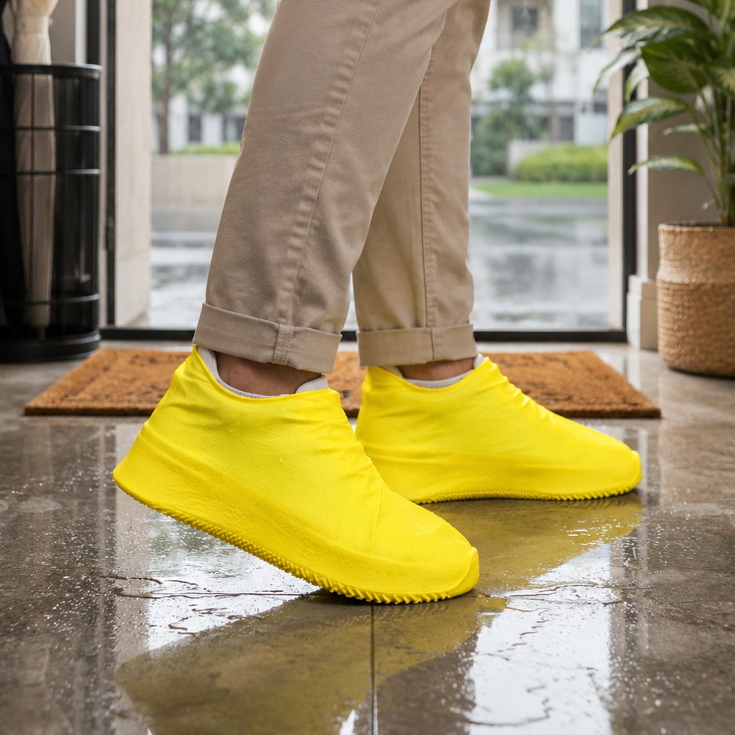 A person in tan pants wears yellow shoe covers, standing on a wet floor with water droplets visible.