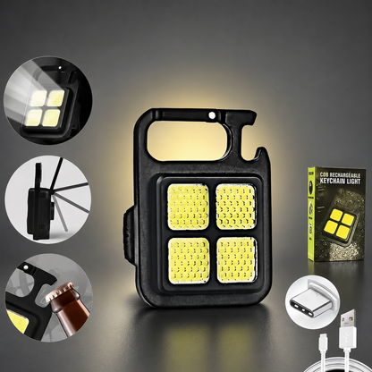 A black mini LED keychain light with four bright yellow LED squares, a carabiner clip, and a bottle opener. Insets show its