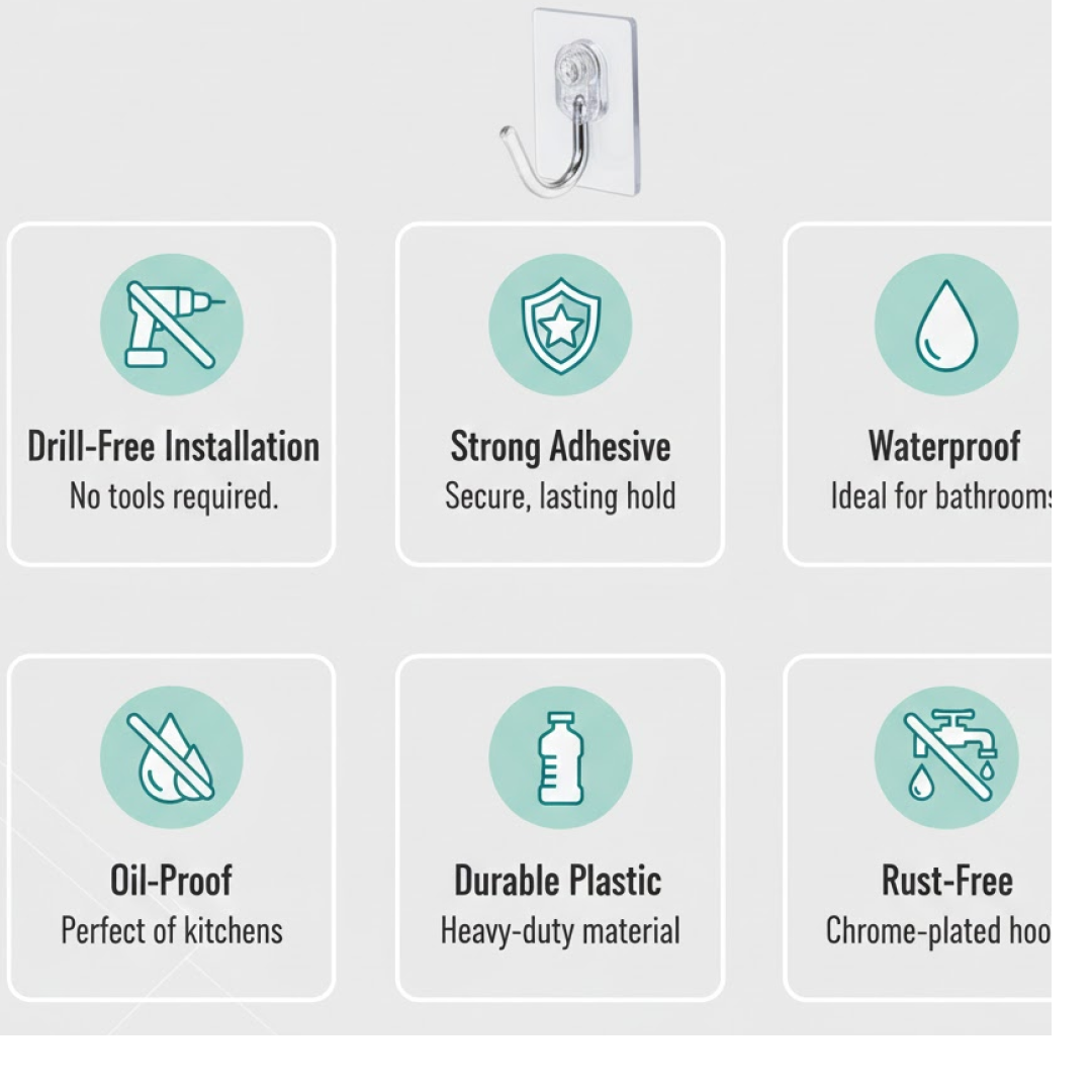 Large Plastic Self Adhesive Wall Hooks (2 Pc)