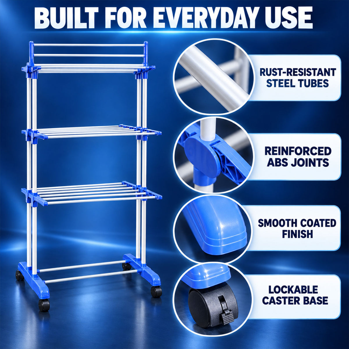 Three tier clothes drying rack with wheels and folding wings - view 03