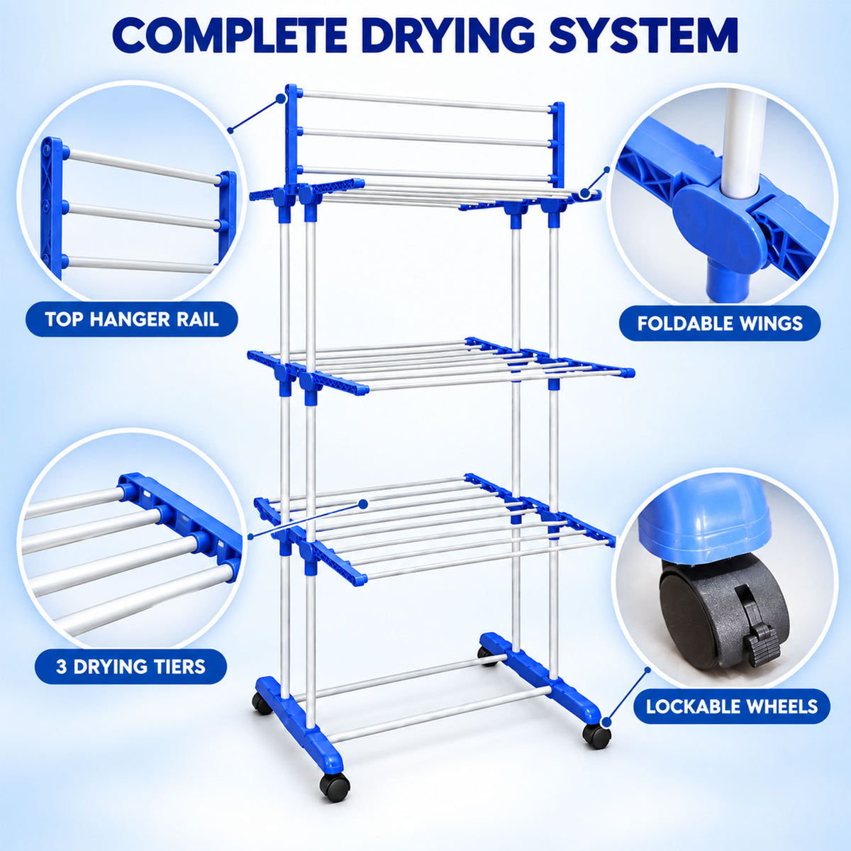 Three layer clothes drying rack components and features - view 05