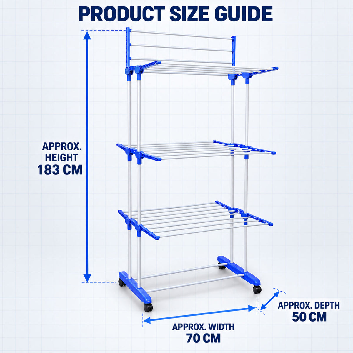 Drying rack size guide showing approximately 183 cm height, 70 cm width and 50 cm depth