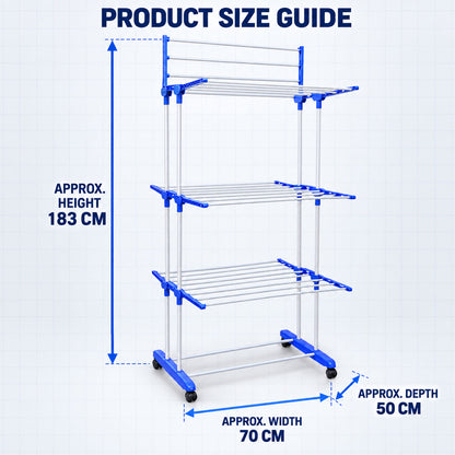 Drying rack size guide showing approximately 183 cm height, 70 cm width and 50 cm depth