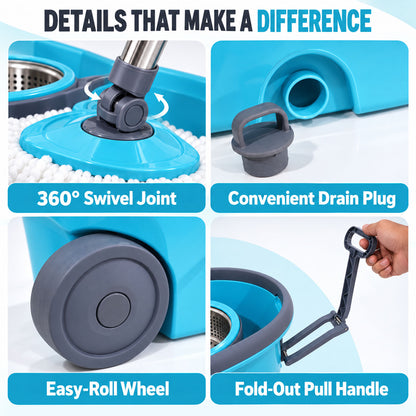Spin Mop Bucket Set with Steel Wringer, Wheels and 2 Microfiber Refills
