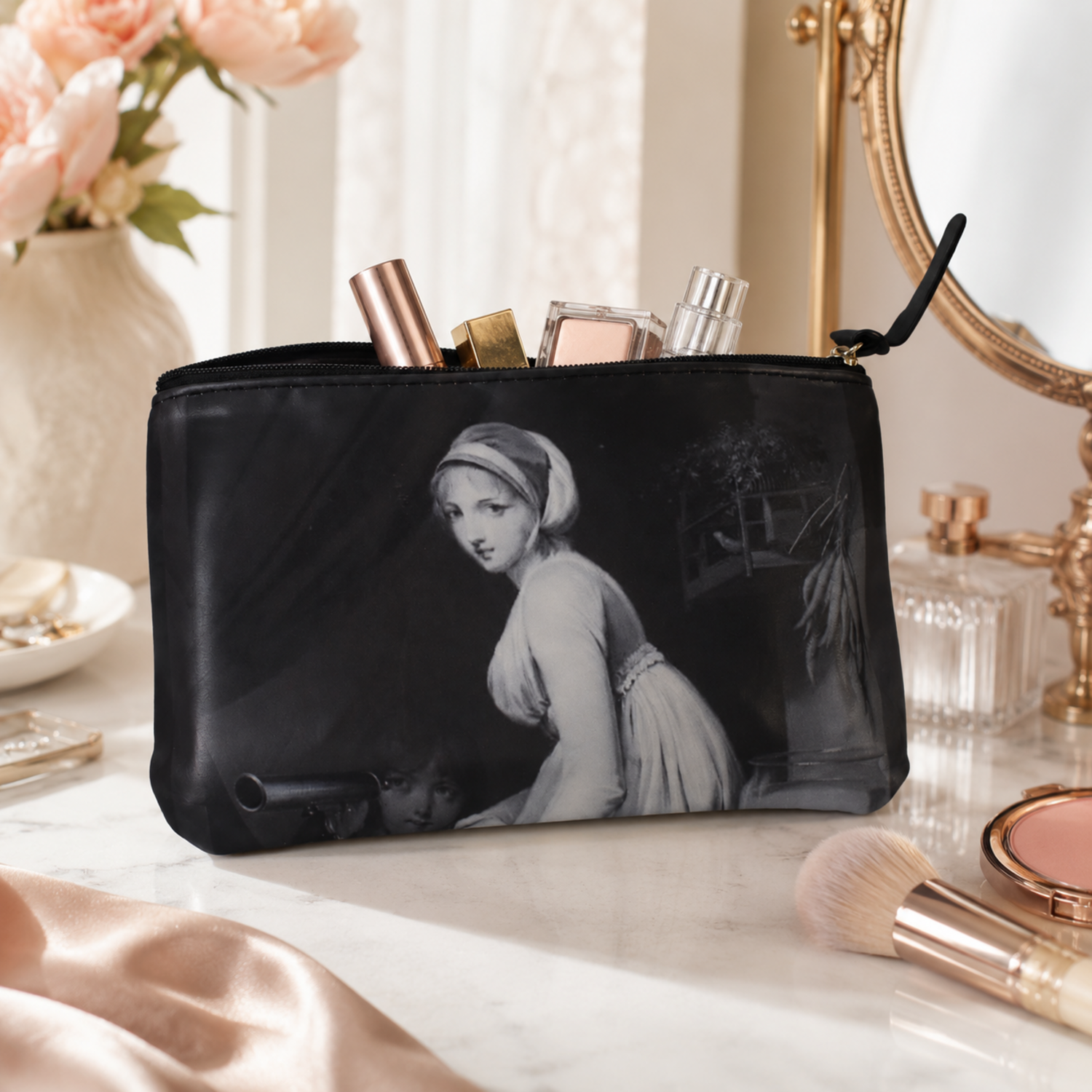 Black cosmetic bag with a classical portrait of a woman, surrounded by makeup and flowers.