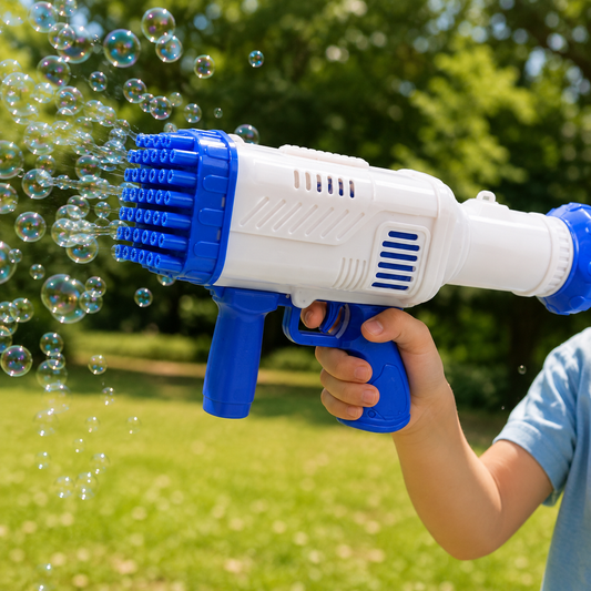 A child's hand holds a white and blue 32-hole bubble gun, actively blowing many bubbles outdoors.