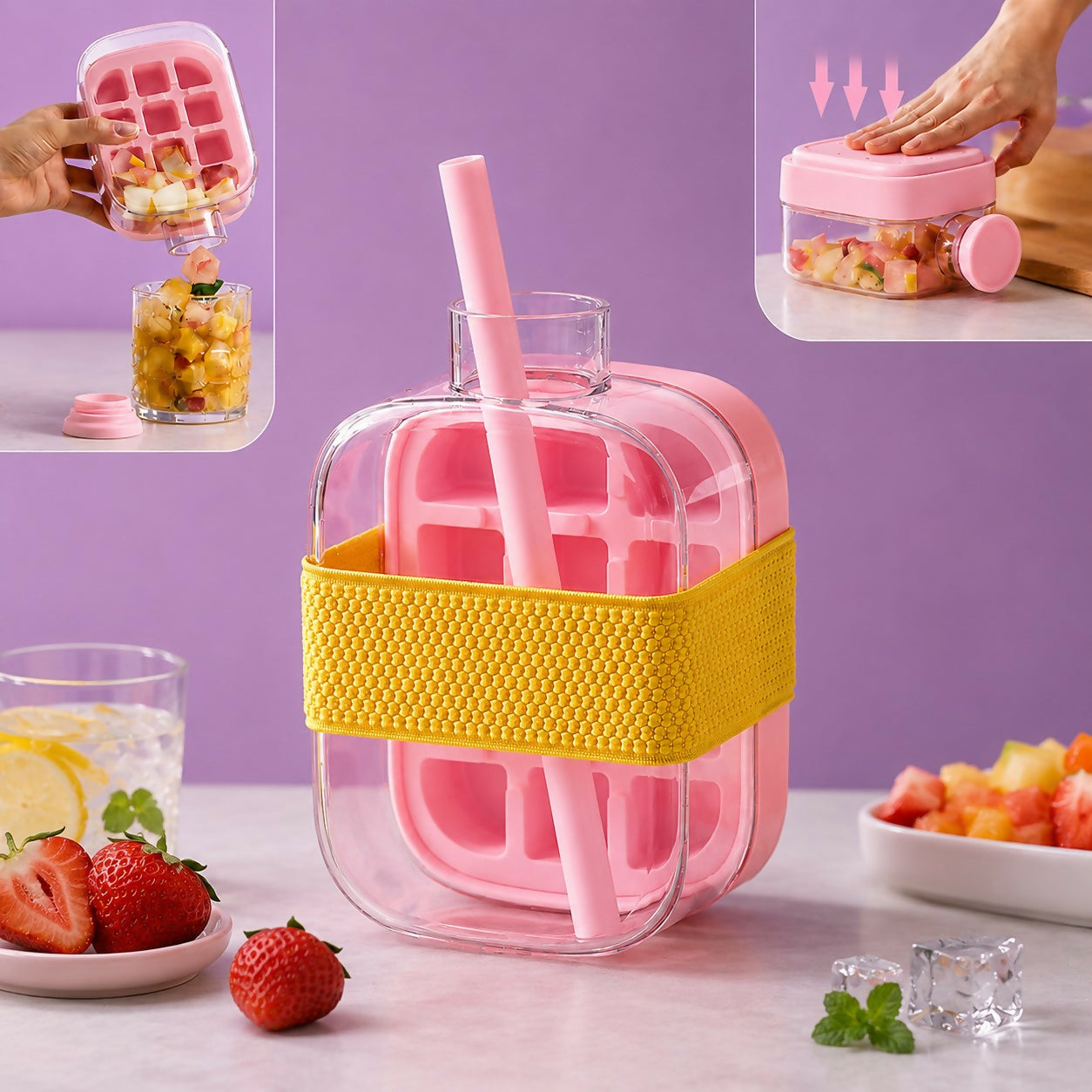 Leakproof Ice Cube Tray Bottle with Straw & Silicone Sleeve