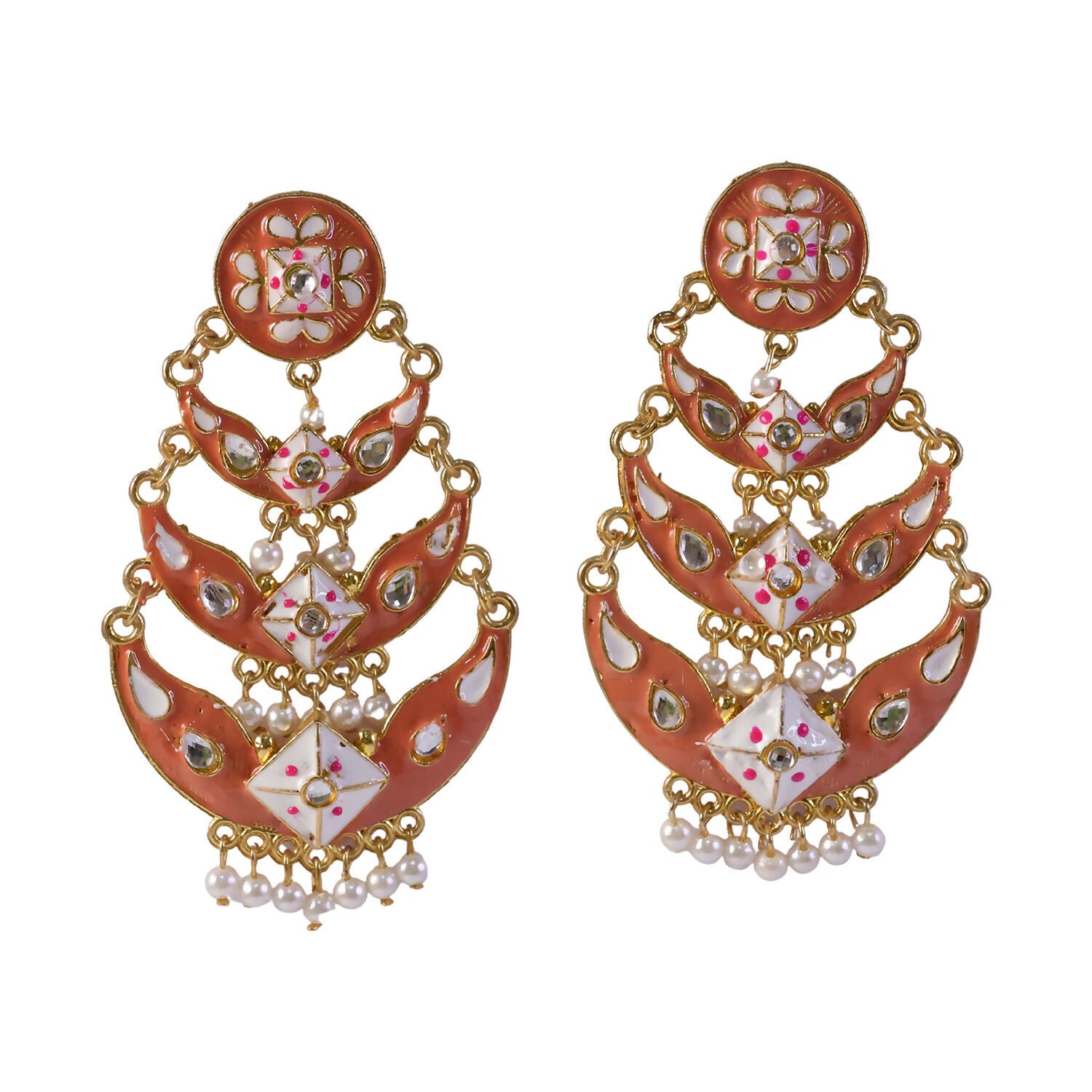 Layered crescent design on peach gold meenakari drop earring