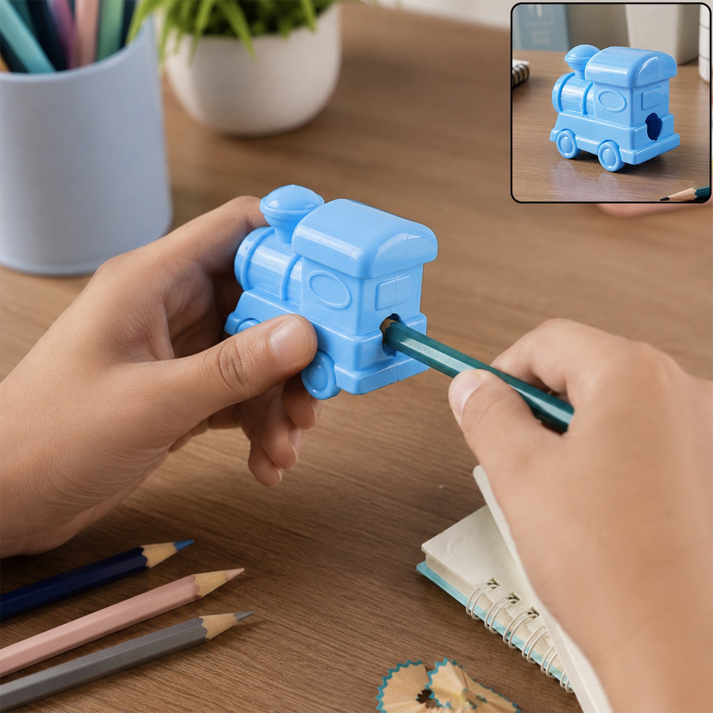 Train shape pencil sharpener in use