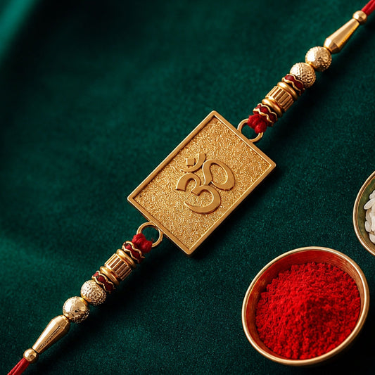 Om Rakhi – Stylish Gold Plate & Red Thread Design for Raksha Bandhan