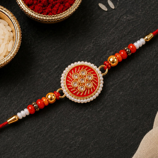 Golden Meena Kundan Pearl Rakhi, Elegant & Lightweight for Raksha