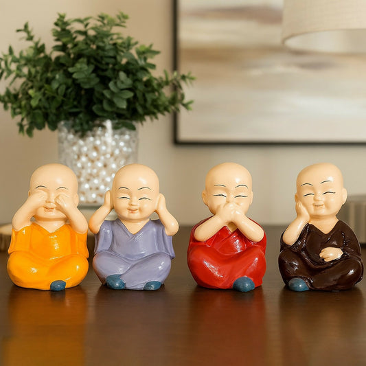 Set of 4 Colorful Baby Monk Resin Statues – See No Evil, Hear No Evil, Speak No Evil, Think No Evil Figurines – Home Decor Showpieces for Positivity & Gifting – Meditation & Zen Decor (Big Size)