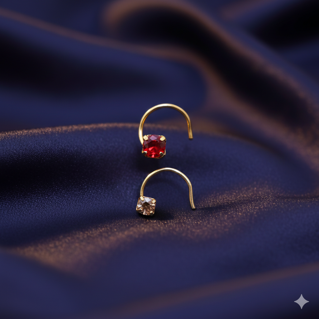 Gold Plated Ruby & Champagne Crystal Nosepin kati Combo Pack of 2