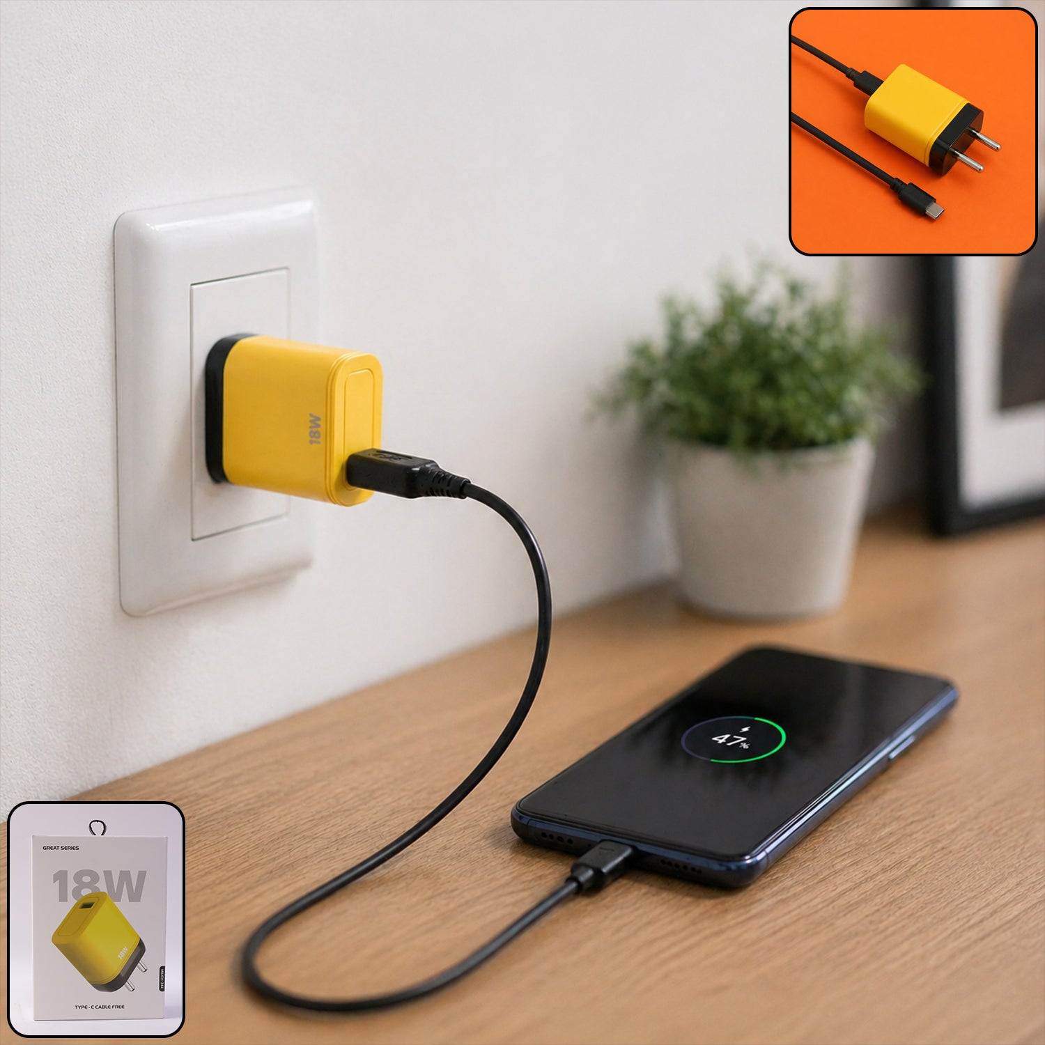 18W dual USB wall charger with free Type C cable - front view
