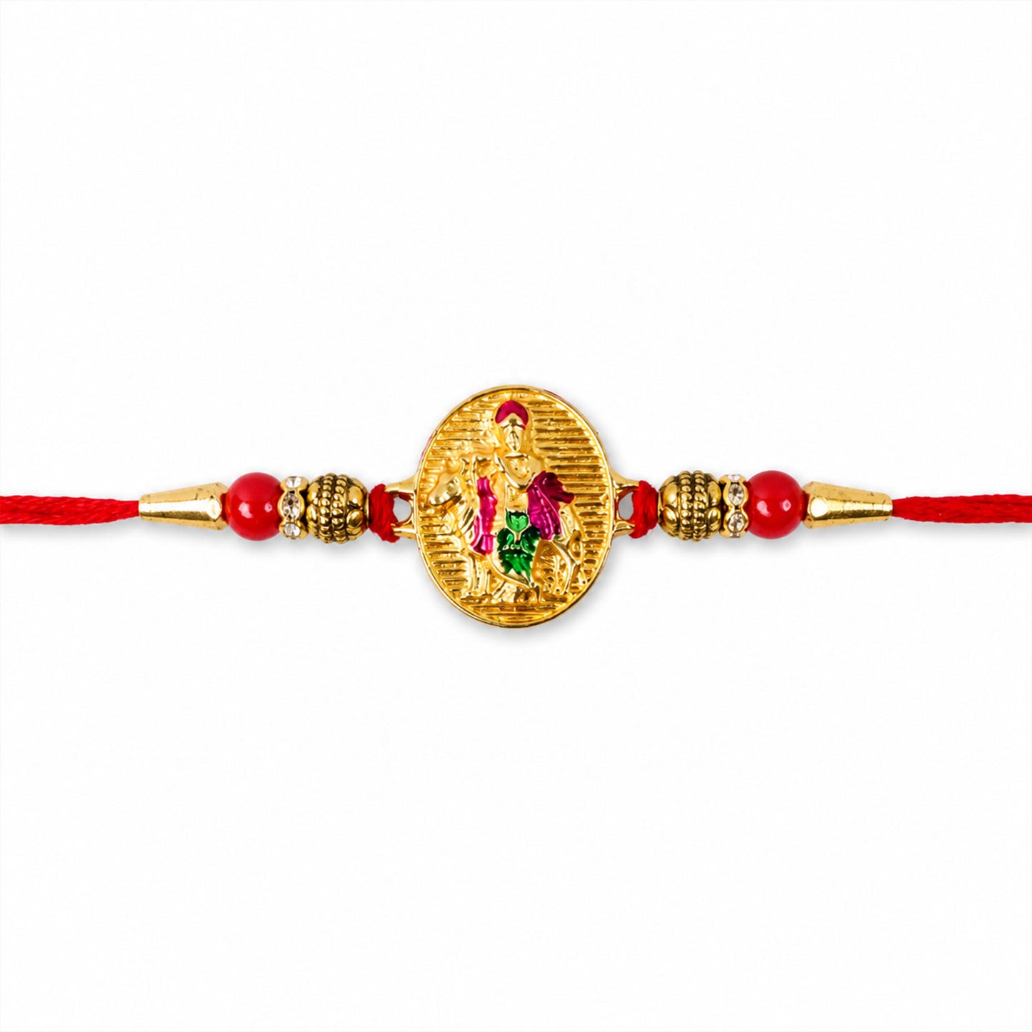 Dwarkadhish Krishna Gold Coin Rakhi with Red Beads
