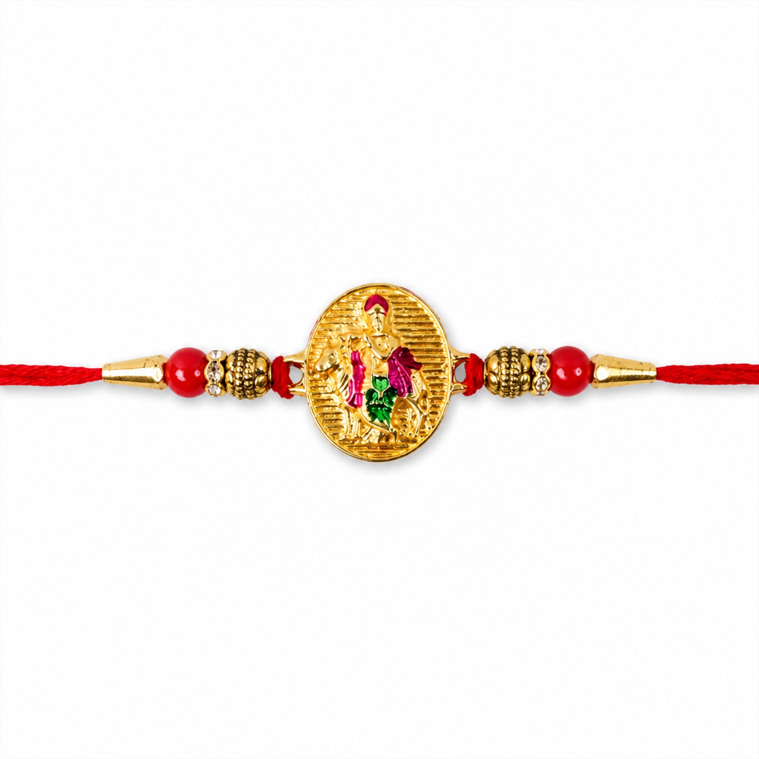 Dwarkadhish Krishna Gold Coin Rakhi with Red Beads