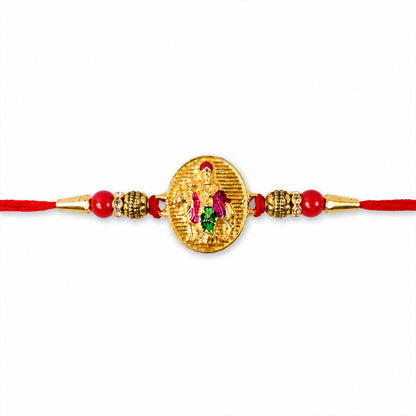 Dwarkadhish Krishna Gold Coin Rakhi with Red Beads