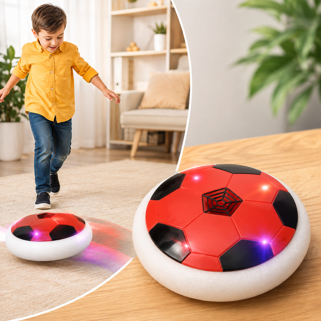A young boy in a yellow shirt playing with a red and black hover soccer ball on a rug indoors