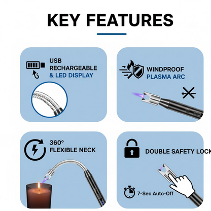 Long Flexible USB Rechargeable Electric Arc Lighter – Windproof, Flameless Plasma