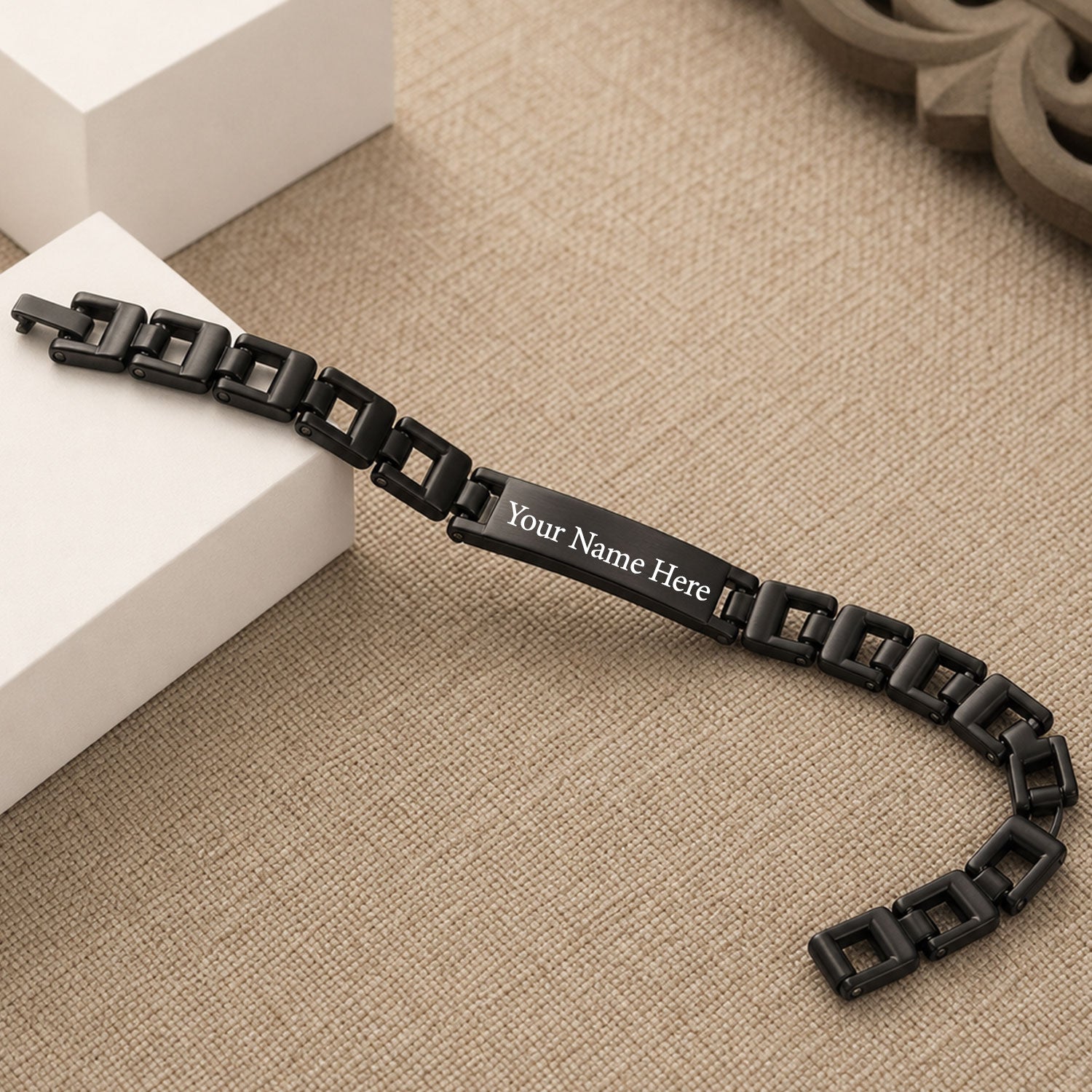 Customized Name Bracelet Black Stainless Steel Engraved Link Chain (1 Pc)