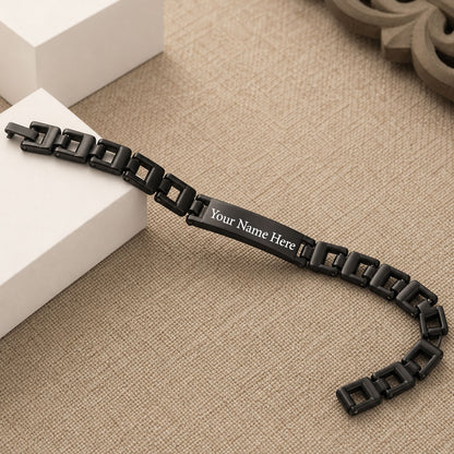 Customized Name Bracelet Black Stainless Steel Engraved Link Chain (1 Pc)