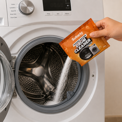 A hand pours white washing machine drum cleaner powder from an orange sachet into an open washing machine drum.