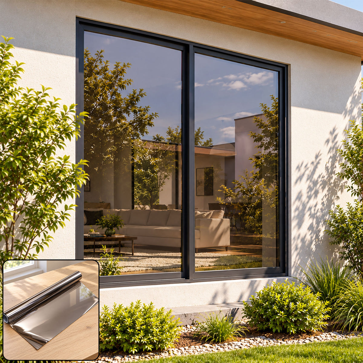 Modern window with reflective film, inset image shows a roll of the dark brown film on a wooden surface.
