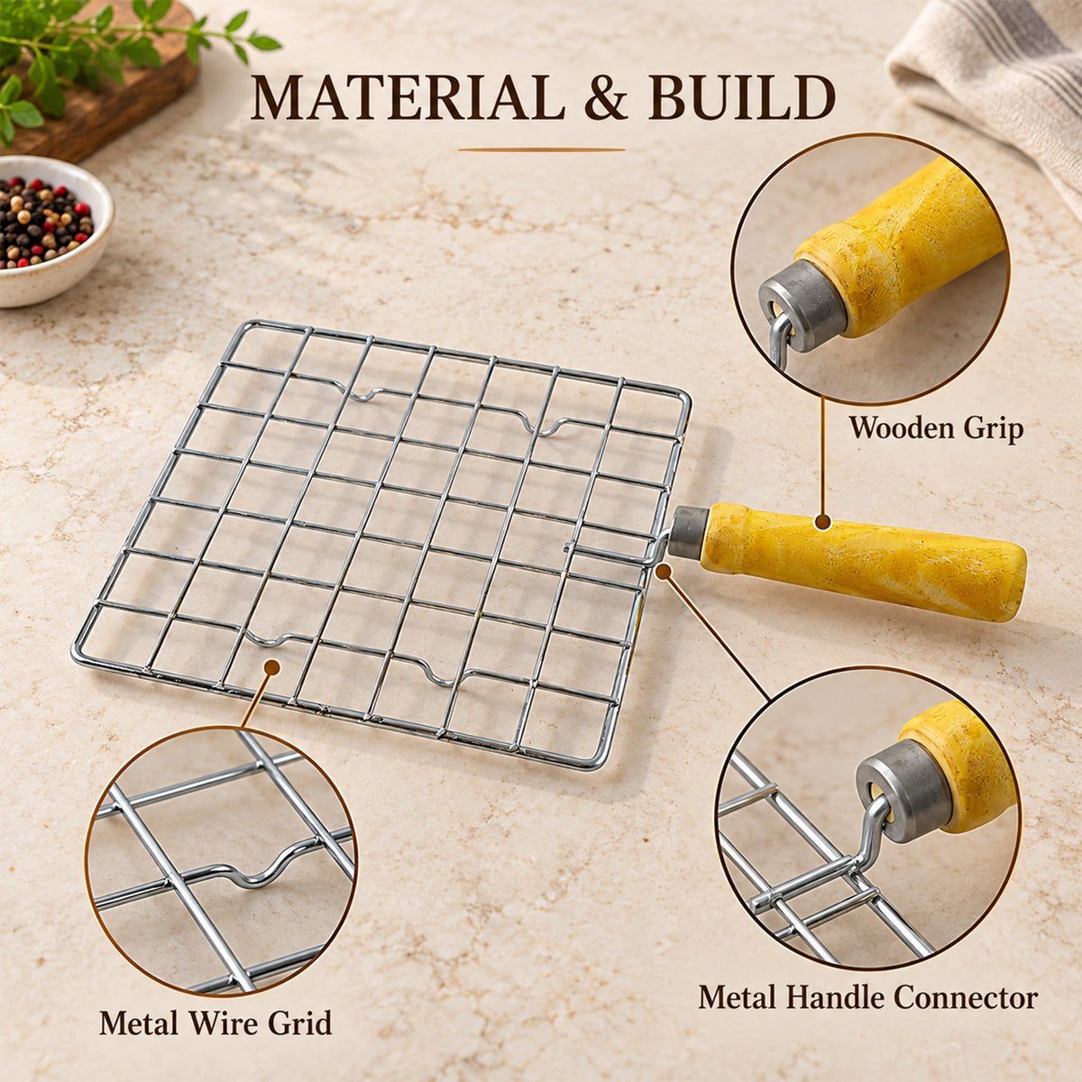 Square Wire Roti and Papad Roaster with Wooden Handle (1 Pc, Big)