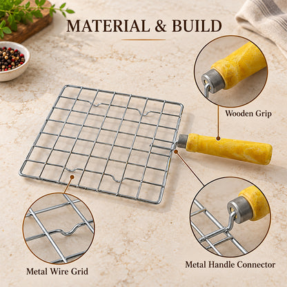 Square Wire Roti and Papad Roaster with Wooden Handle (1 Pc, Big)
