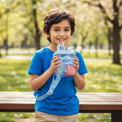 2in1 Dual Compartment Water Bottle with Straw & Adjustable Shoulder Straps (1 Pc/Multi color)