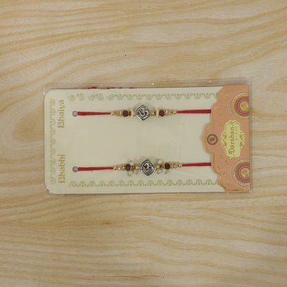 Om Face Designer Rakhi Set for Brother & Couple Rakhi with Pearl Beads and Red Thread