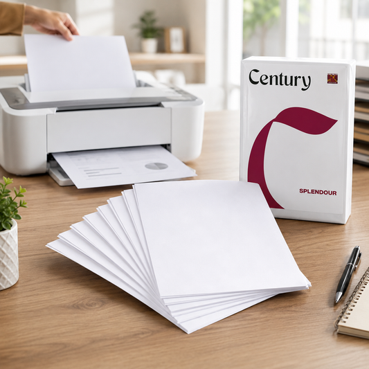 A person loads white paper into a printer next to a stack of paper and a Century Splendour paper ream.