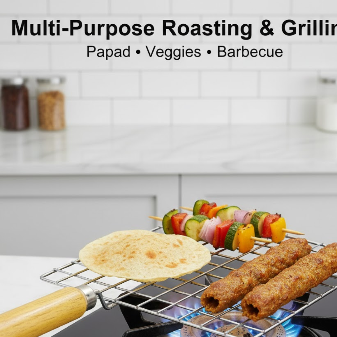 Kitchen Square Stainless Steel Roaster Jali, Barbecue Grill with Wooden Handle