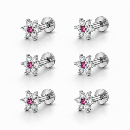 Set of six silver plated pink floral nosepin studs for women and girls