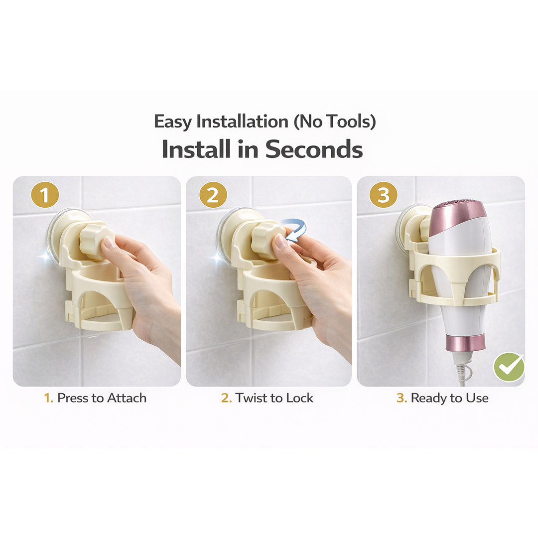 Hair Dryer Holder with Suction - Wall-Mount Bathroom Organizer for Women & Girls