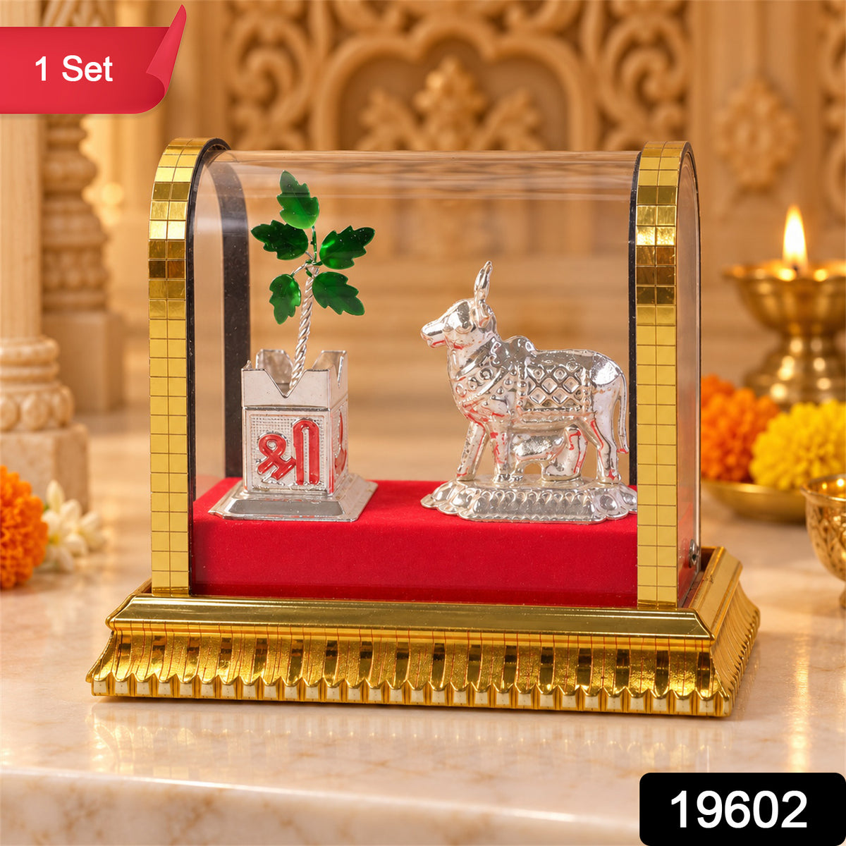 Kamdhenu Cow Idol Set – Silver-Plated Pooja Decor with Tulsi Plant