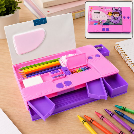 Space Theme Pencil Box with Built-in Calculator – Dual Compartment Organizer