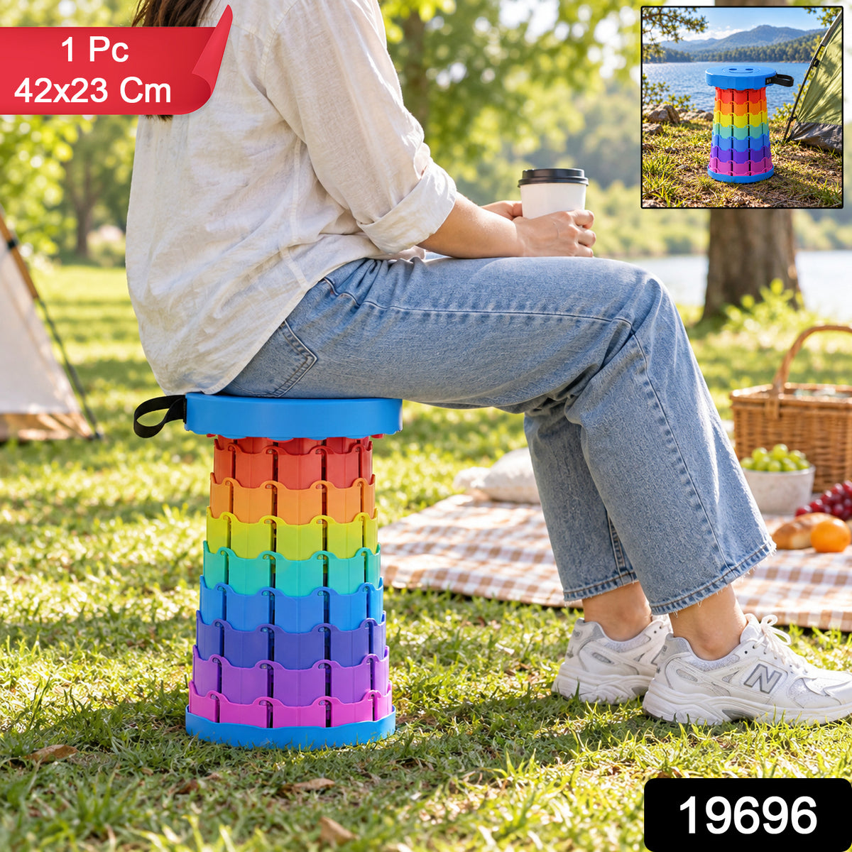 Rainbow Telescopic Folding Stool with Carry Strap, Portable Camping Seat (1 Pc)