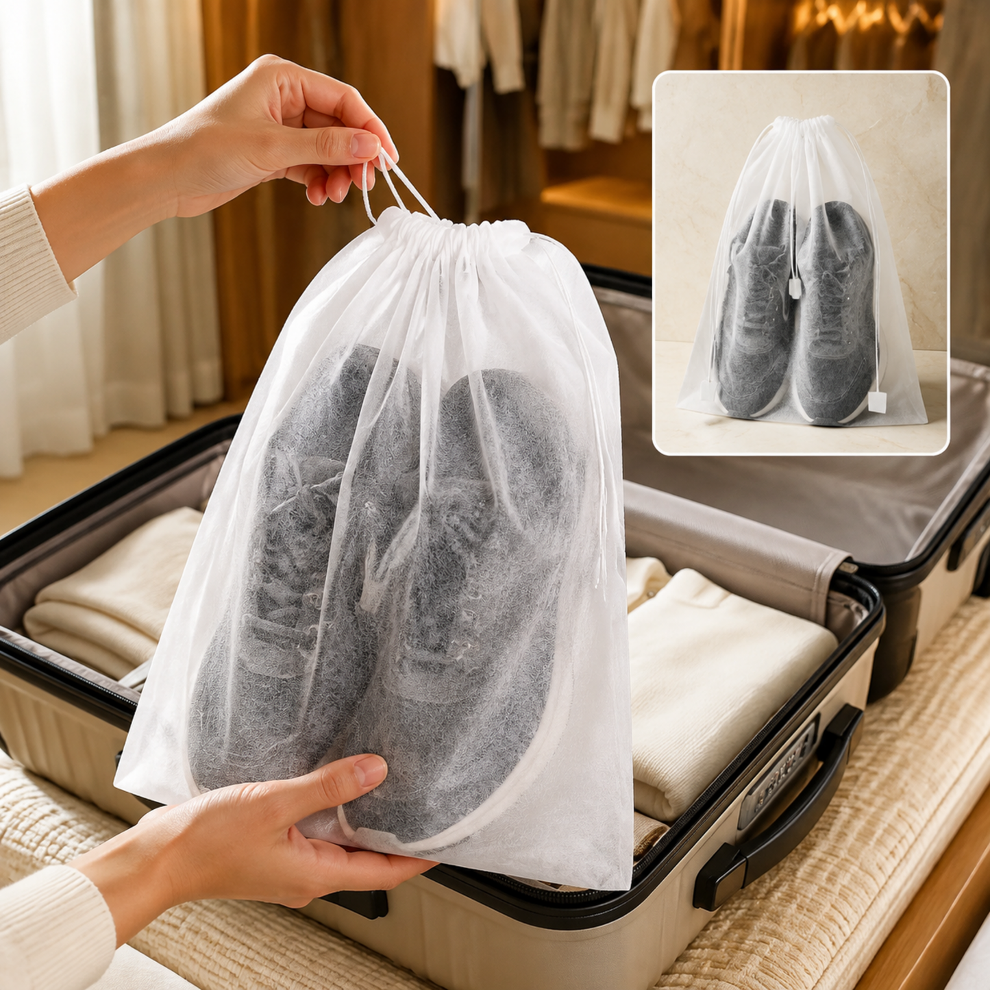Hands holding a white non-woven drawstring bag with dark shoes inside, placed in an open suitcase.