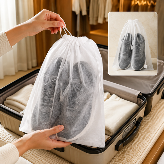 Hands holding a white non-woven drawstring bag with dark shoes inside, placed in an open suitcase.