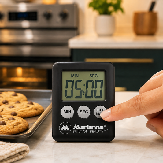 A hand presses the 'STOP START' button on a black digital timer displaying 05:00, next to a tray of cookies.
