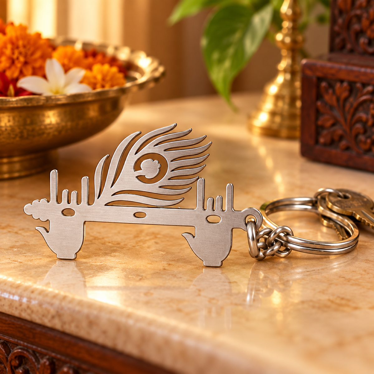 Krishna Flute Keychain – Devotional Metal Keyring for Spirituality — 19847_krishna_flute_n_peacock_keychain_1pc showcase image