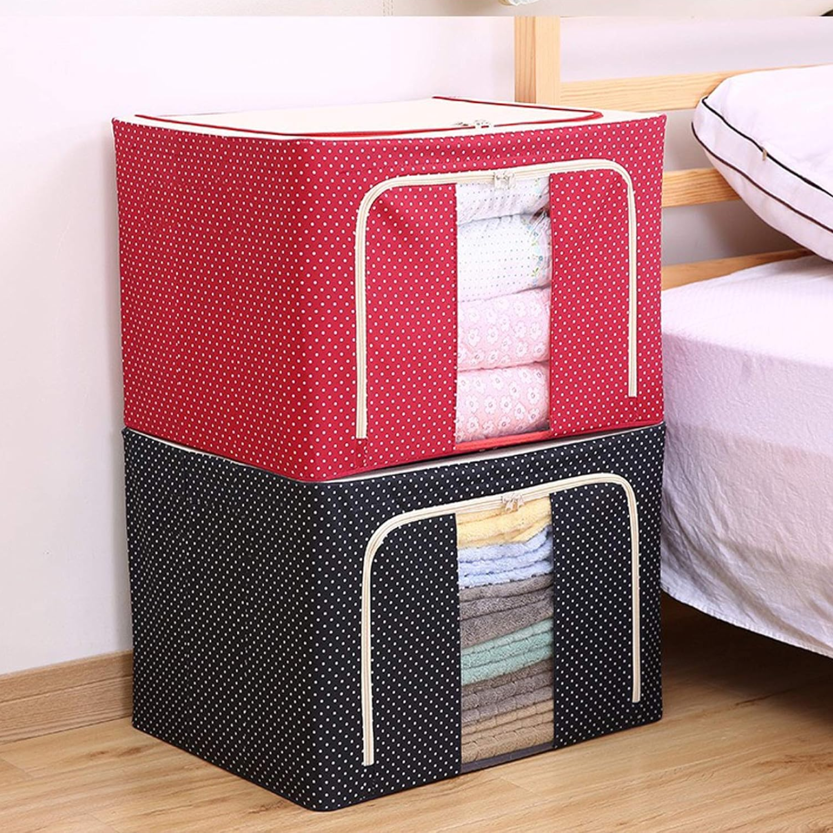 Foldable Steel Frame Clothes Living Storage Organizer Handled Bag 60cm X 43cm X 32cm (Mix Color)